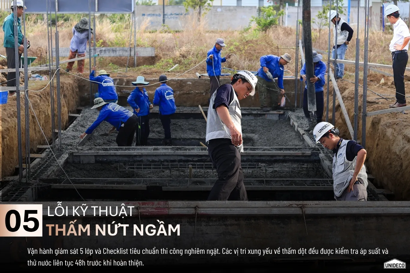Quy trình giám sát đa lớp và thử nước kiểm tra chống thấm sàn mái của Unideco.